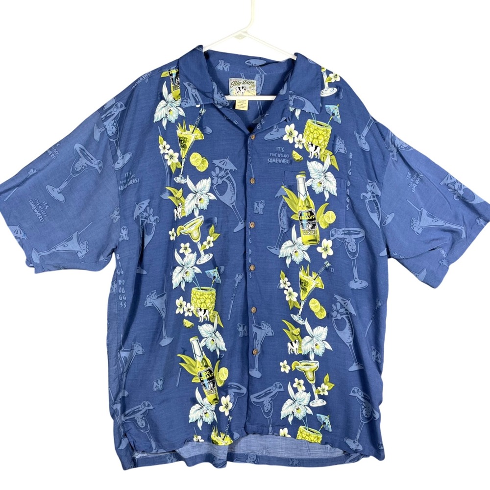 Big Dogs Button Up Shirt Mens 3X Blue It's Five O'Clock Somewhere Rayon Tropical